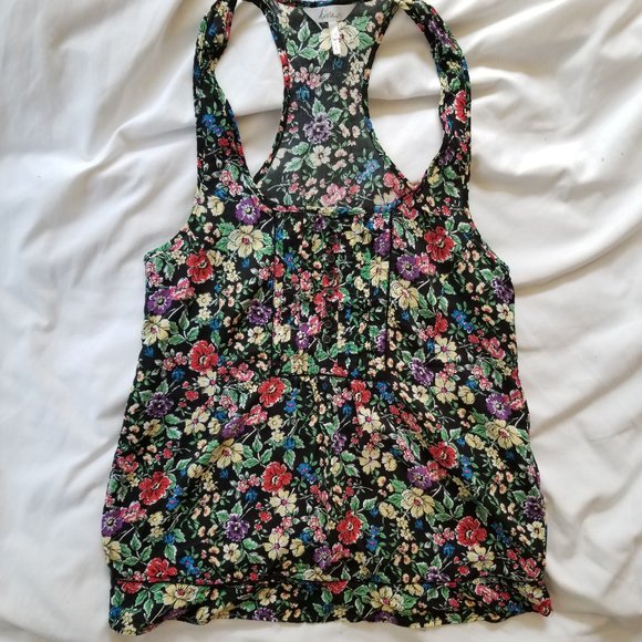 Kirra Racerback Rayon Black Floral Pleated Tank - Picture 1 of 6